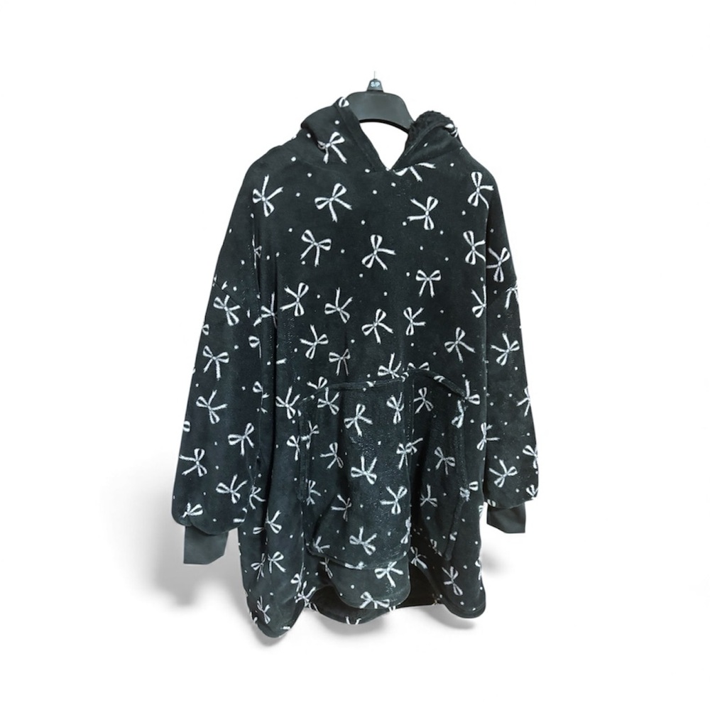Black Hooded Blanket Hoodie with White Bow Pattern
